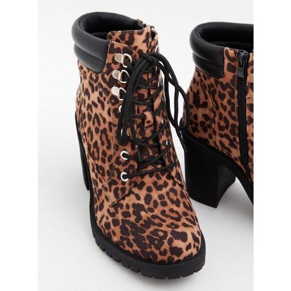 Torrid lace-up chunky hiker bootie cheatah heel boot zipper tie lace Sz 10WW - Picture 3 of 11
